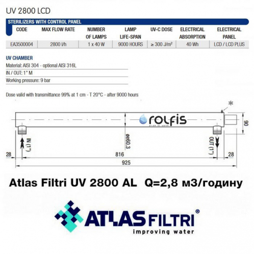 Ультрафиолетовая лампа Atlas Filtri UV 2800 AL Q=2,8 м3/ч NEA3500043