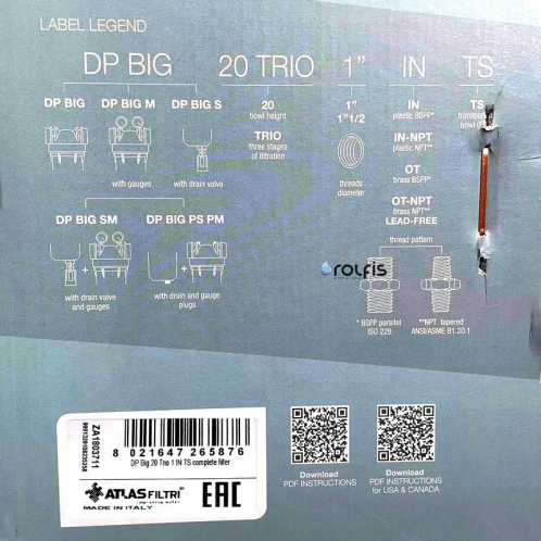 Фильтр Atlas Filtri DP Big TRIO AB Ø1 1/2" IN 20" KIT ZA1803912