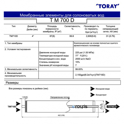 Мембрана обратного осмоса Toray TM710D (15,5 bar/9.8 м3/сутки)